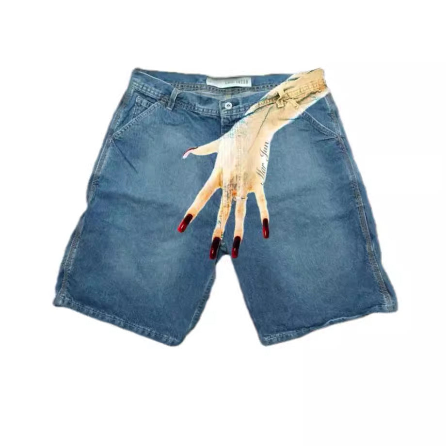 European and American Y2K hip-hop trend pattern printed denim shorts for men, high street fashion brands, couple casual five quarter pants - E-Esther Clothing Store