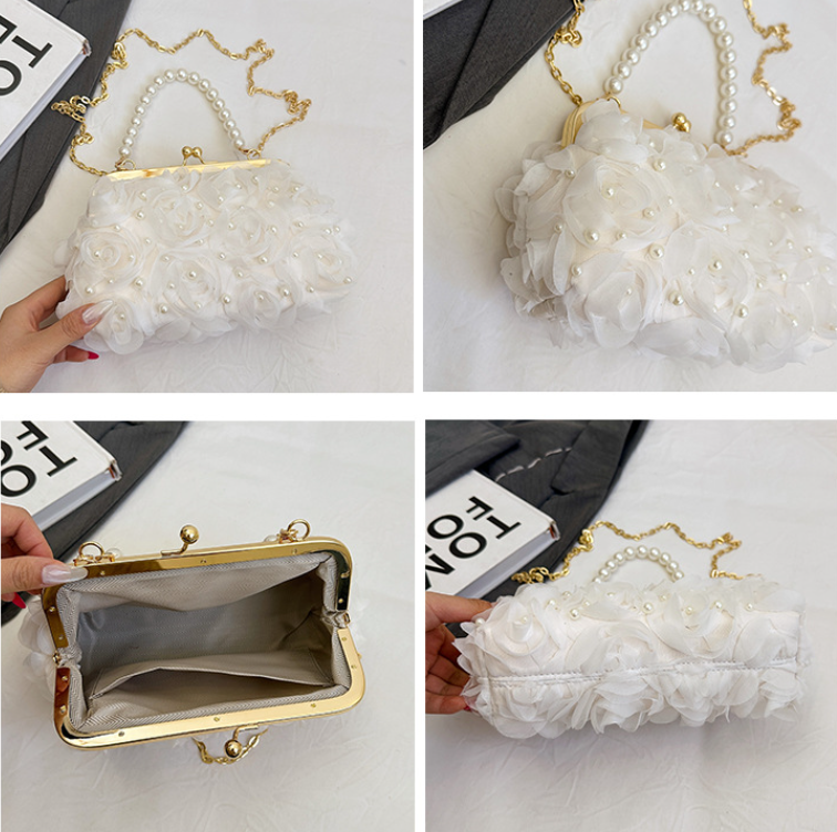 Net Lace Pleated Clutch Evening Handbag Korean Sweet Style Pearl Chain Crossbody Bag - E-Esther Clothing Store