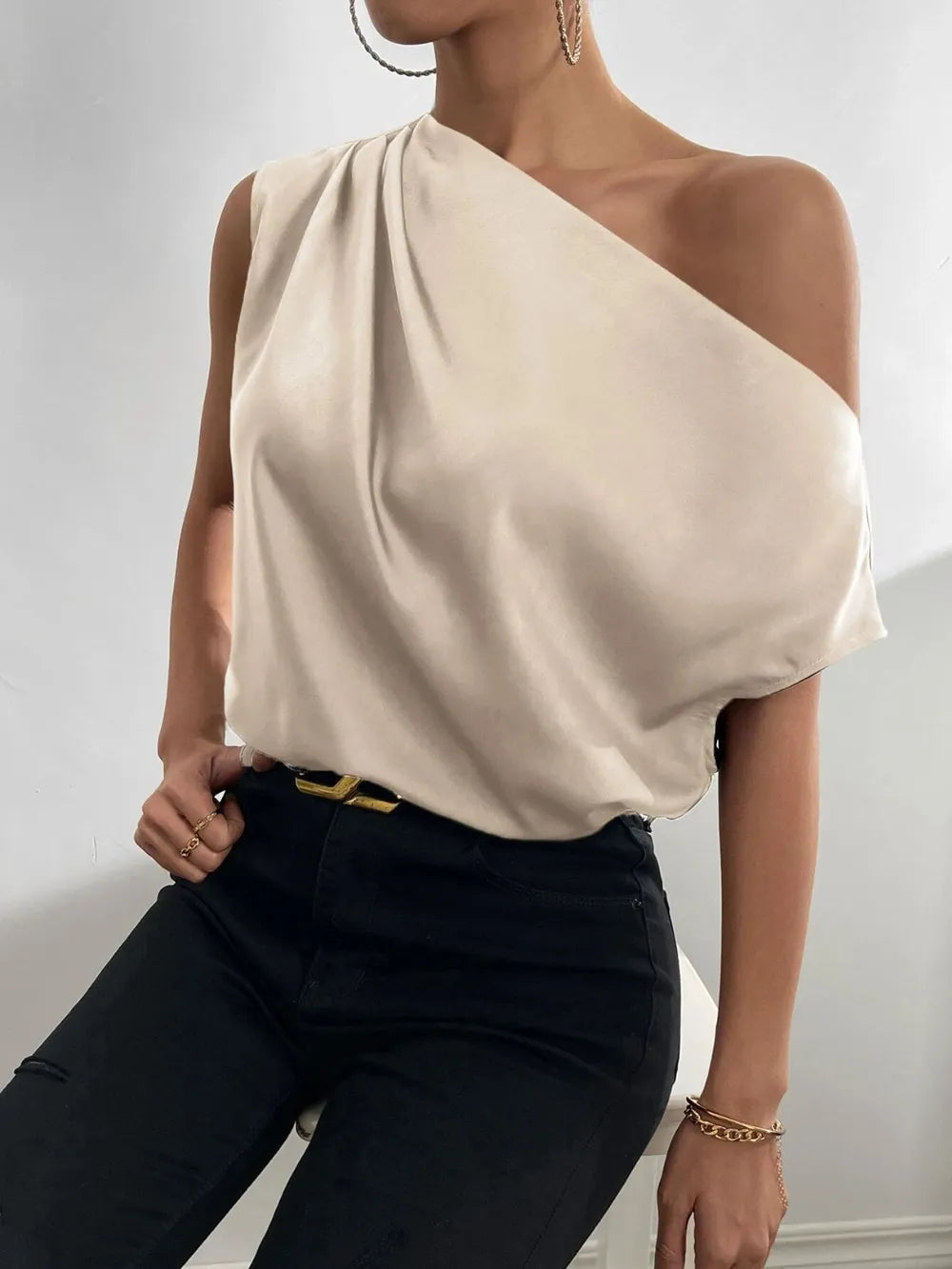 Women's Fashion Versatile Slant Neck Pinch Fold Single Shoulder Asymmetric Tank Top - E-Esther Clothing Store