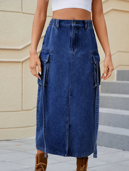 Trendy water washed elastic waistband half skirt