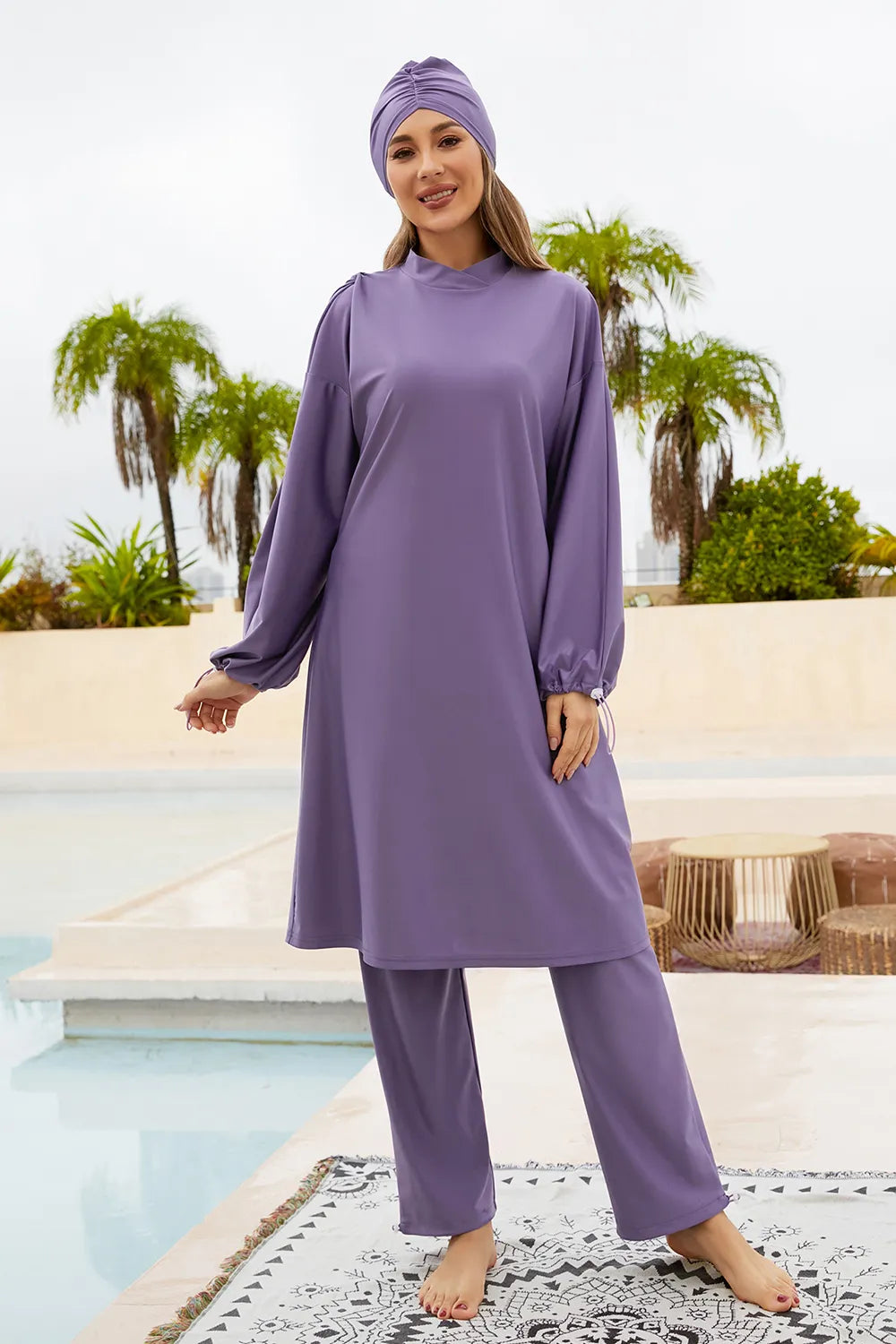 Cap, Drawstring Mock Neck Long Sleeve Top and Pants Swim Set - E-Esther Clothing Store