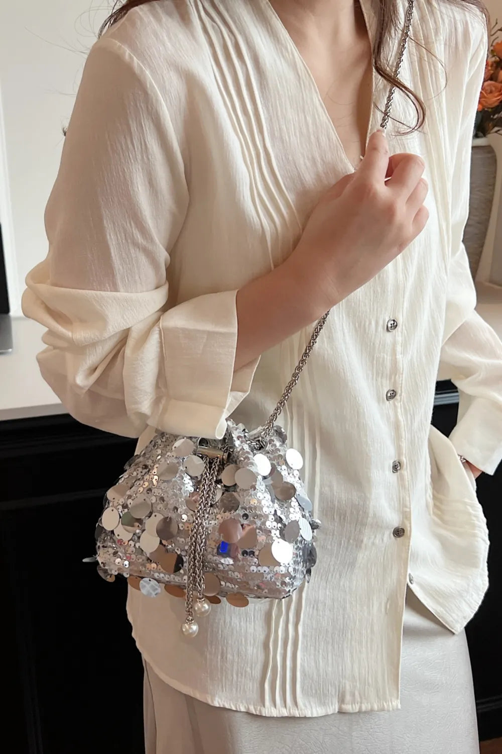 Drawstring Sequin Crossbody Bag - E-Esther Clothing Store