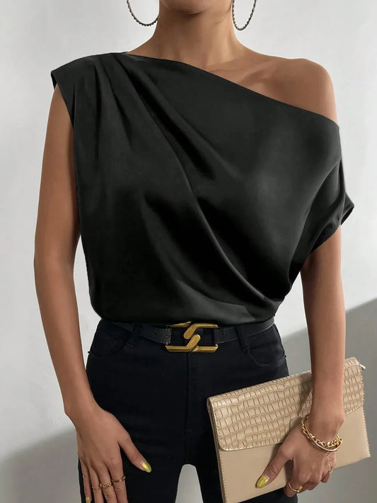 Women's Fashion Versatile Slant Neck Pinch Fold Single Shoulder Asymmetric Tank Top