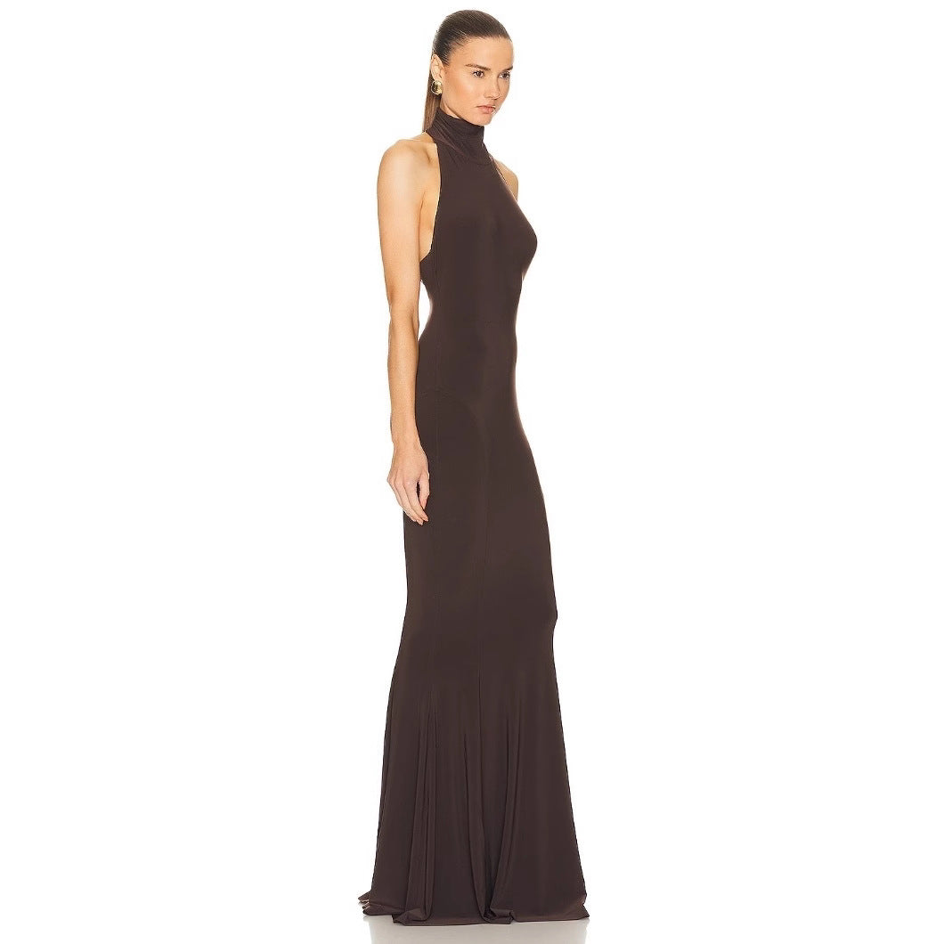 Hanging neck exposed back slim fit fashionable fishtail long dress formal dress - E-Esther Clothing Store