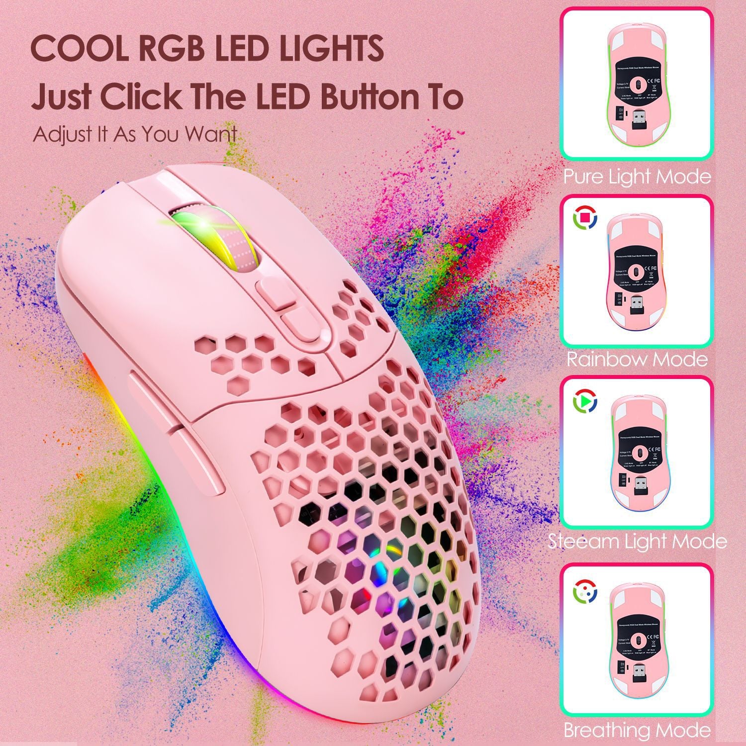 Charging hole the third mock examination Bluetooth wireless mouse lightweight mute cellular RGB light-emitting pink mouse - E-Esther Clothing Store
