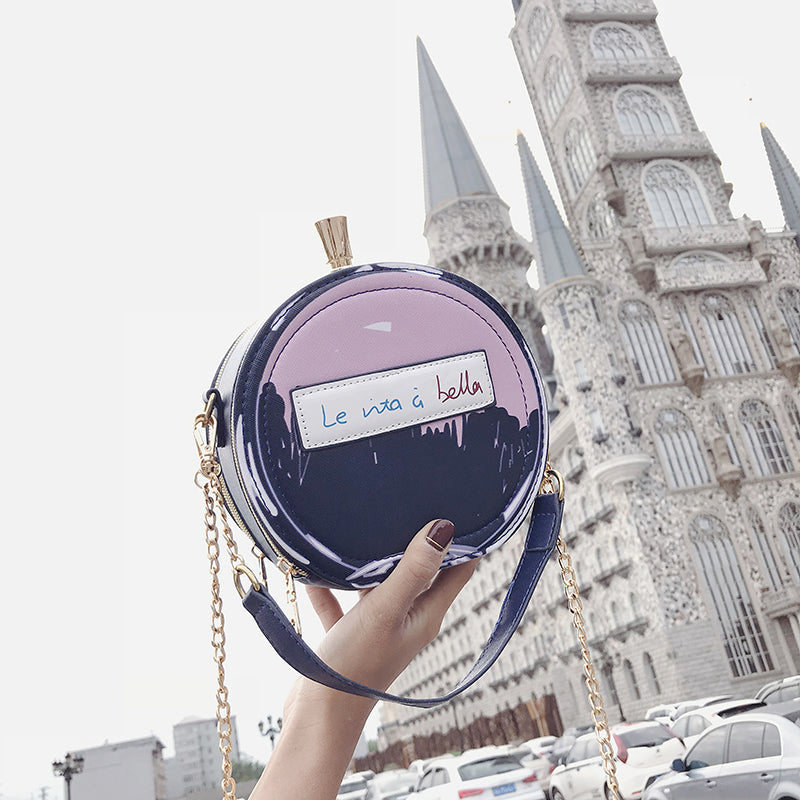 Round Letter Printed Perfume Bottle Pu Leather Casual Handbag Chain Purse Shoulder Bag - E-Esther Clothing Store