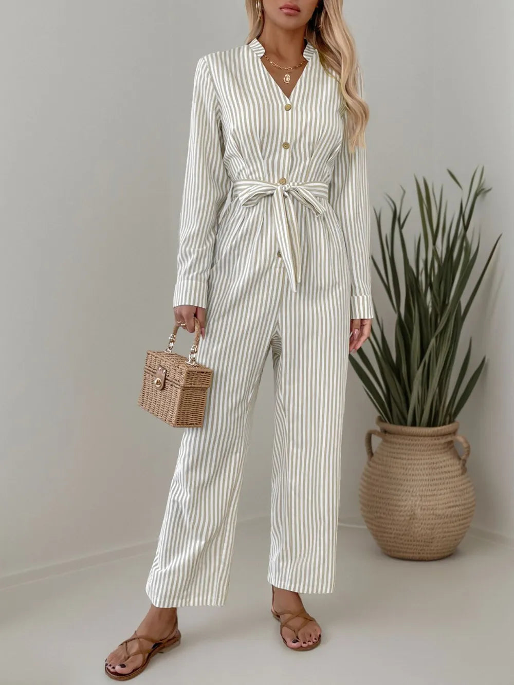 V-neck jumpsuit commuting style striped tie jumpsuit - E-Esther Clothing Store
