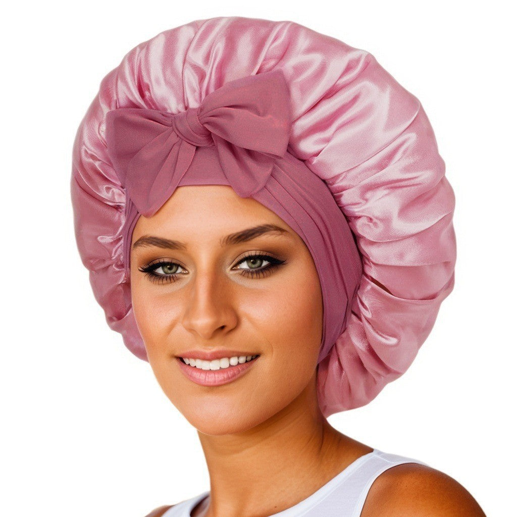 Elastic ribbon bow color Ding round hat solid color night cap wide-brimmed beauty hairdressing head scarf hat - E-Esther Clothing Store