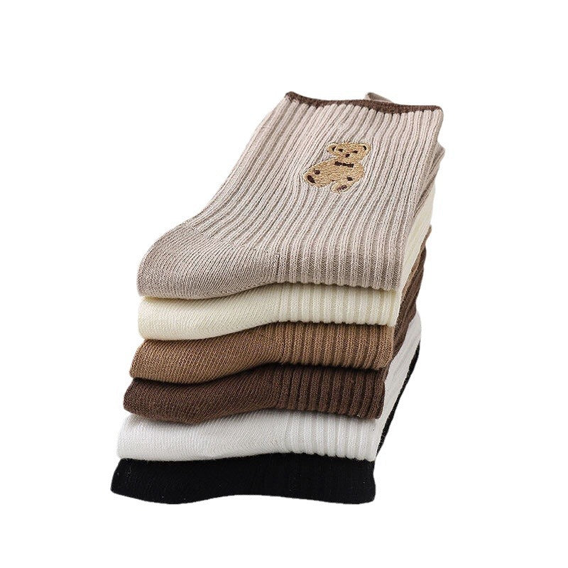 Women's Cute Bear Cotton Socks Comfortable Soft Crew Breathable Sports Sock Cartoon Short Sock Middle Tube Socks 6 pairs - E-Esther Clothing Store