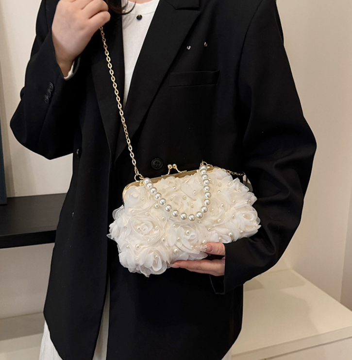 Net Lace Pleated Clutch Evening Handbag Korean Sweet Style Pearl Chain Crossbody Bag - E-Esther Clothing Store