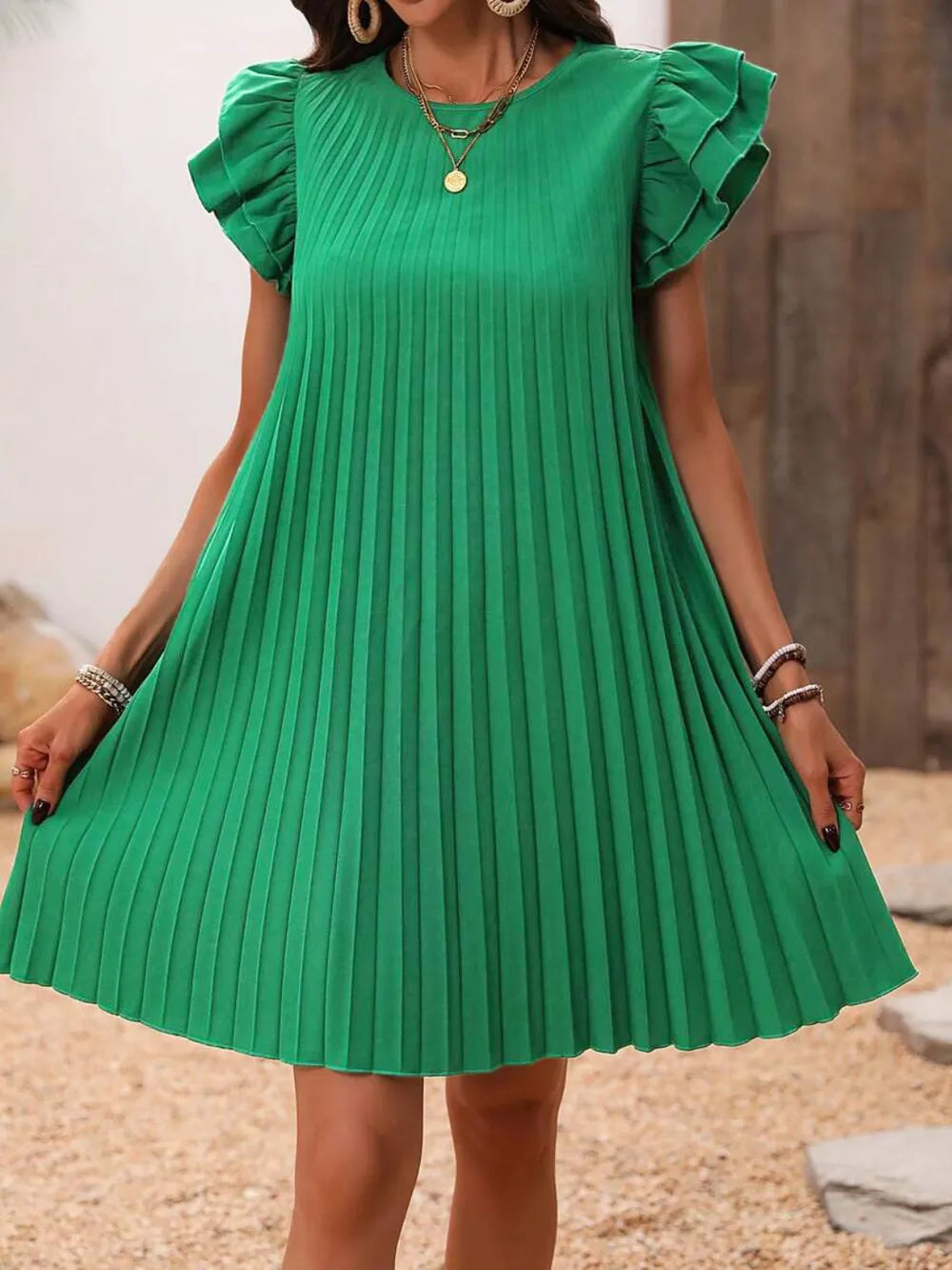 Pleated Round Neck Cap Sleeve Mini Dress - E-Esther Clothing Store