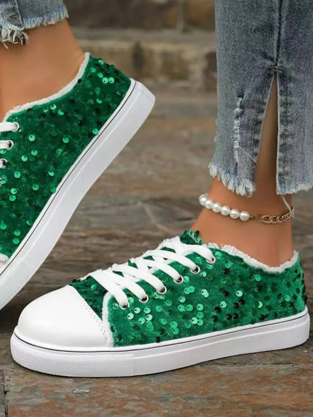 Sequin Round Toe Flat Sneakers - E-Esther Clothing Store
