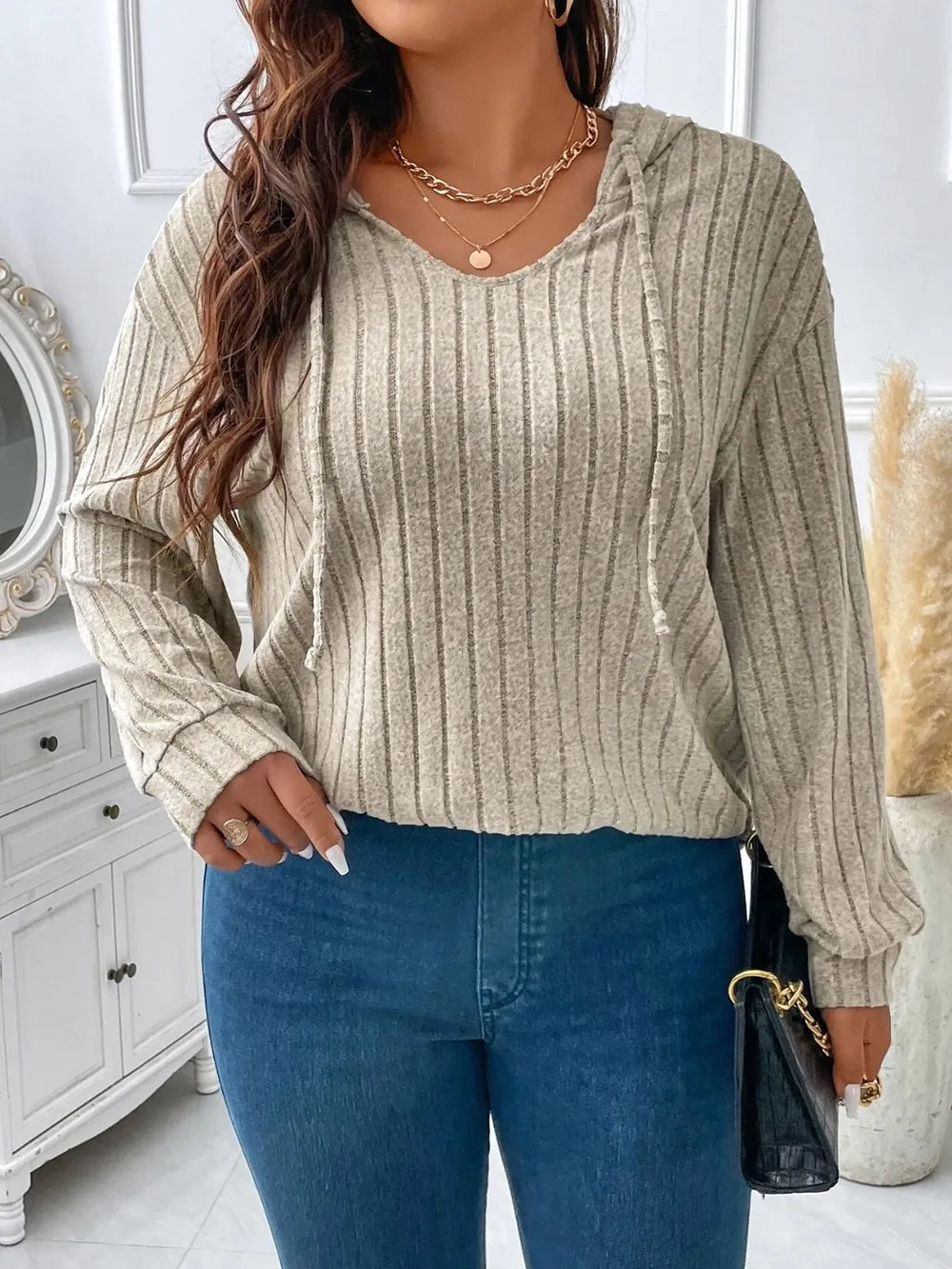 Plus Size Drawstring Dropped Shoulder Hooded T-Shirt - E-Esther Clothing Store