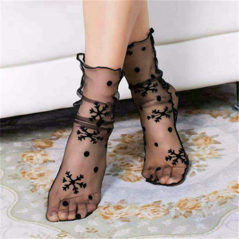 Spring and Summer Retro Lace Floral Mesh Women Socks Thin Middle Tube Transparent Sock Women Breathable Silk Ultrathin Sock New - E-Esther Clothing Store