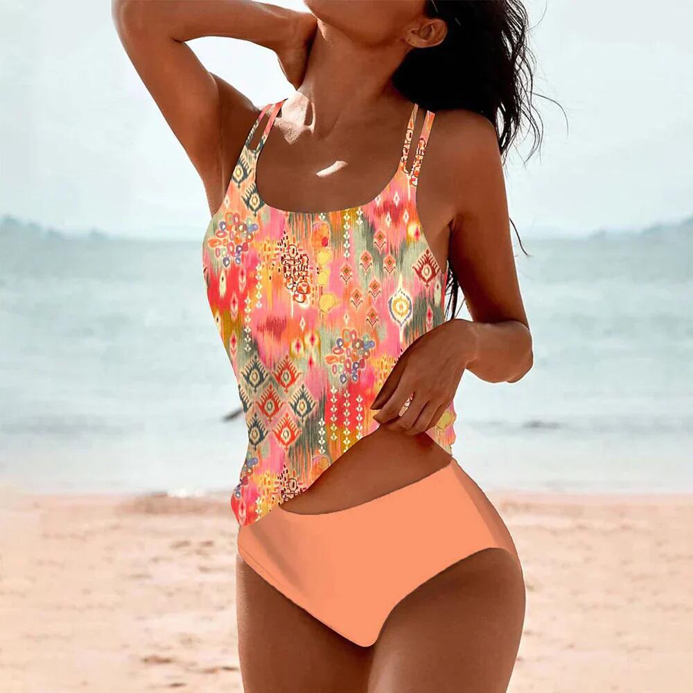 Digital Printed Shoulder Strap Tankini High Waist Triangle Pants Split Swimsuit for Women - E-Esther Clothing Store