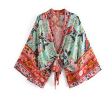 Fashionable printed V-neck batwing sleeve bohemian cover shirt - E-Esther Clothing Store
