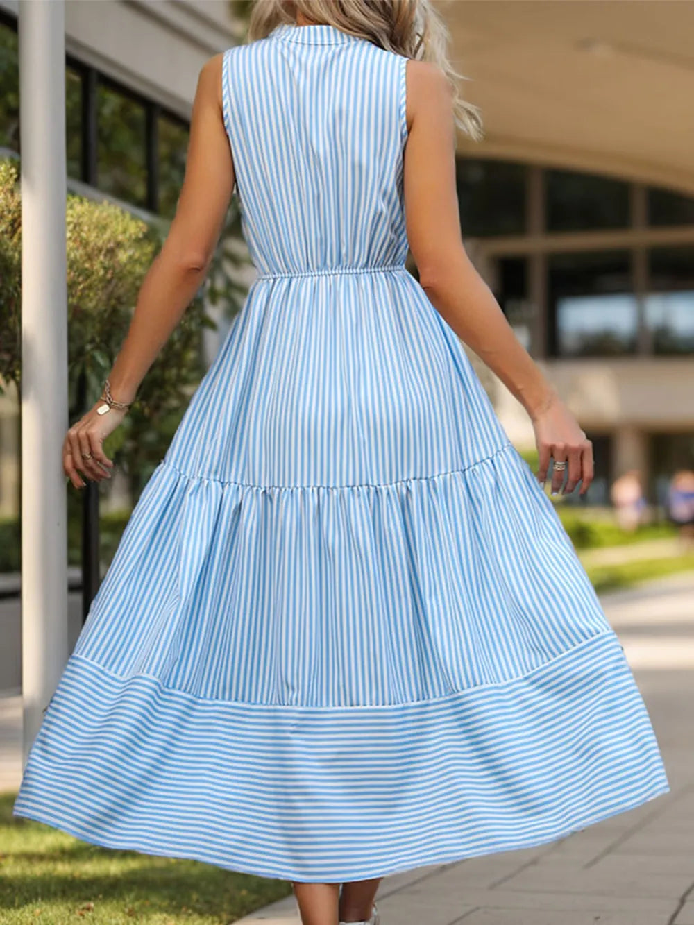 Striped Notched Sleeveless Midi Dress - E-Esther Clothing Store
