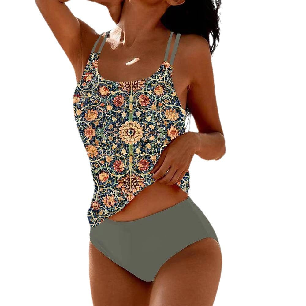 Digital Printed Shoulder Strap Tankini High Waist Triangle Pants Split Swimsuit for Women - E-Esther Clothing Store