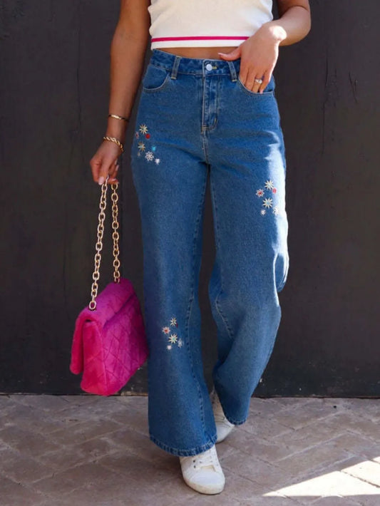 Fashionable and versatile floral embroidery slimming women's denim wide leg pants - E-Esther Clothing Store
