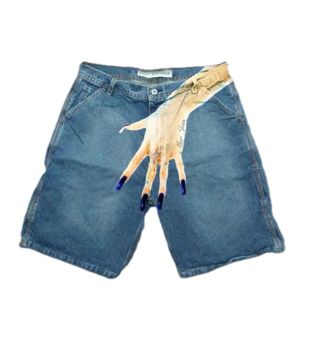 European and American Y2K hip-hop trend pattern printed denim shorts for men, high street fashion brands, couple casual five quarter pants - E-Esther Clothing Store