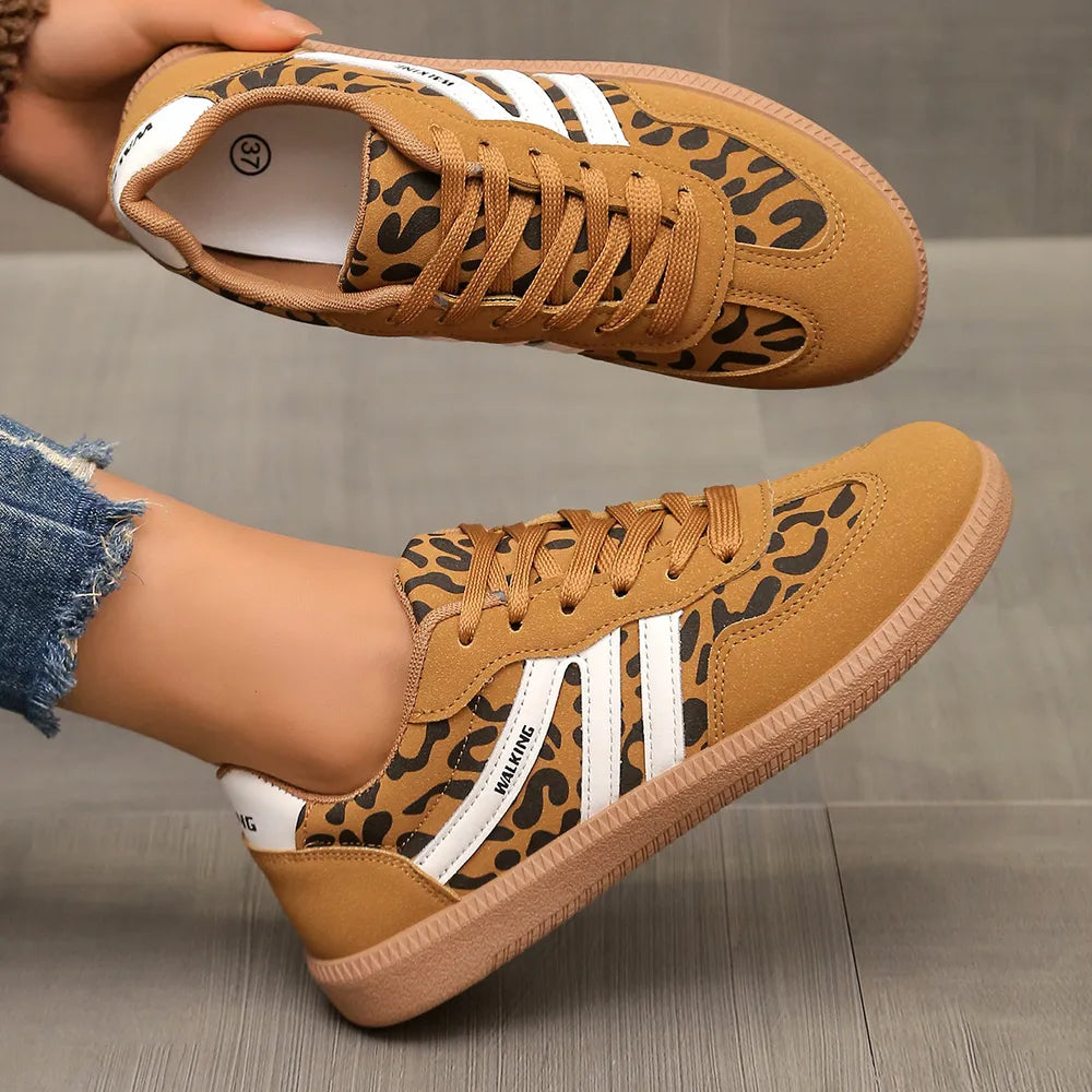 Leopard Round Toe Lace Up Sneakers - E-Esther Clothing Store
