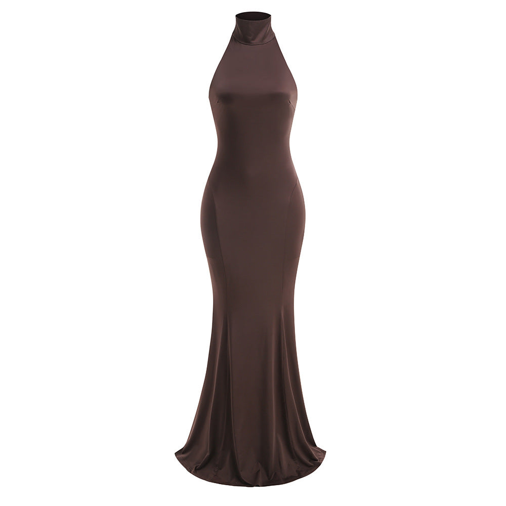 Hanging neck exposed back slim fit fashionable fishtail long dress formal dress - E-Esther Clothing Store
