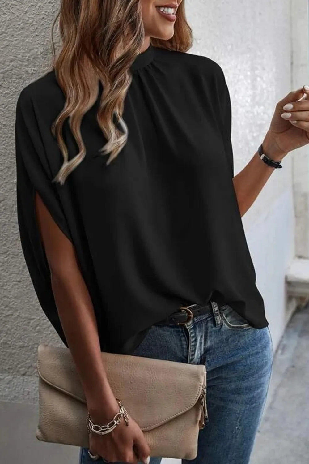 Tie Back Slit Half Sleeve Blouse - E-Esther Clothing Store
