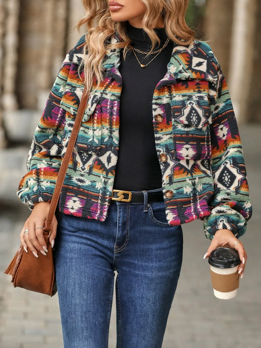 Geometric Dropped Shoulder Balloon Sleeve Outerwear - E-Esther Clothing Store