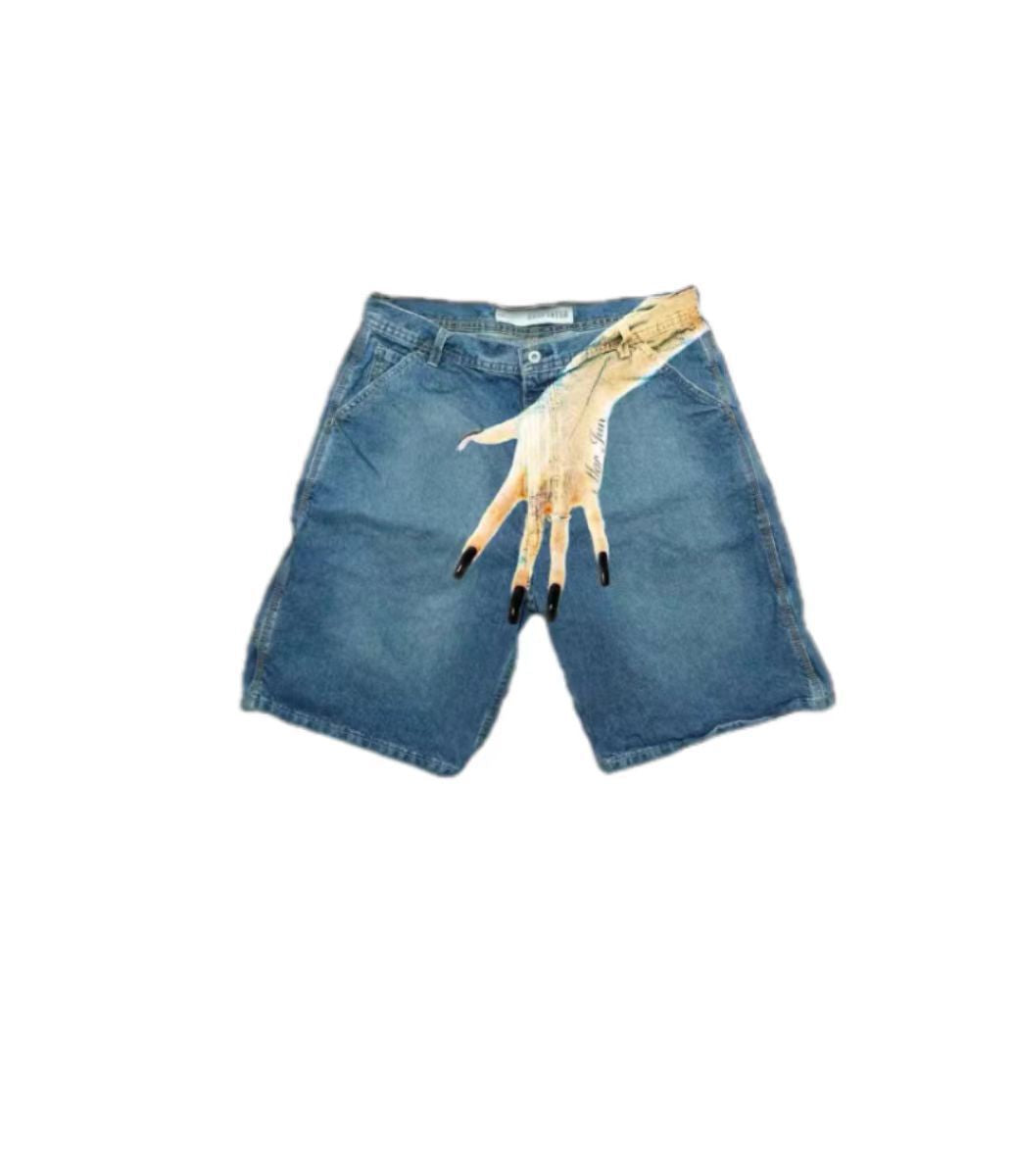European and American Y2K hip-hop trend pattern printed denim shorts for men, high street fashion brands, couple casual five quarter pants - E-Esther Clothing Store