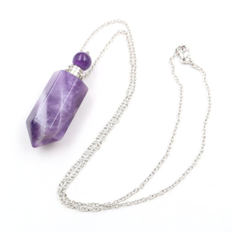 Natural Crystal Hexagonal Perfume Bottle Pendant Necklace Fluorite Pendant Essential Oil Jar Chain Necklace - E-Esther Clothing Store