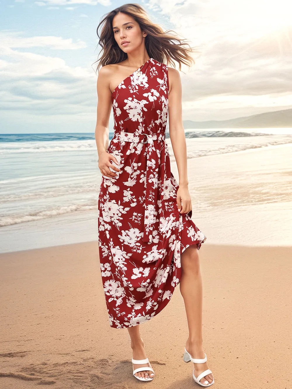 Printed Single Shoulder Sleeveless Dress - E-Esther Clothing Store