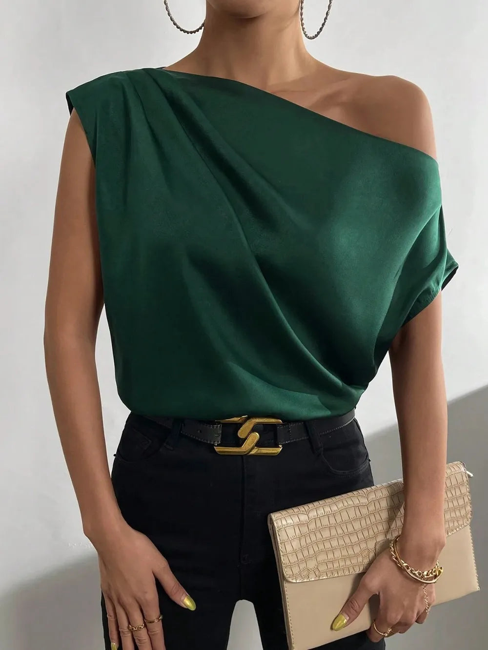 Women's Fashion Versatile Slant Neck Pinch Fold Single Shoulder Asymmetric Tank Top - E-Esther Clothing Store