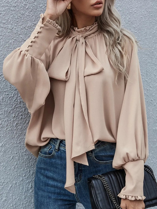 Tie Neck Lantern Sleeve Blouse - E-Esther Clothing Store