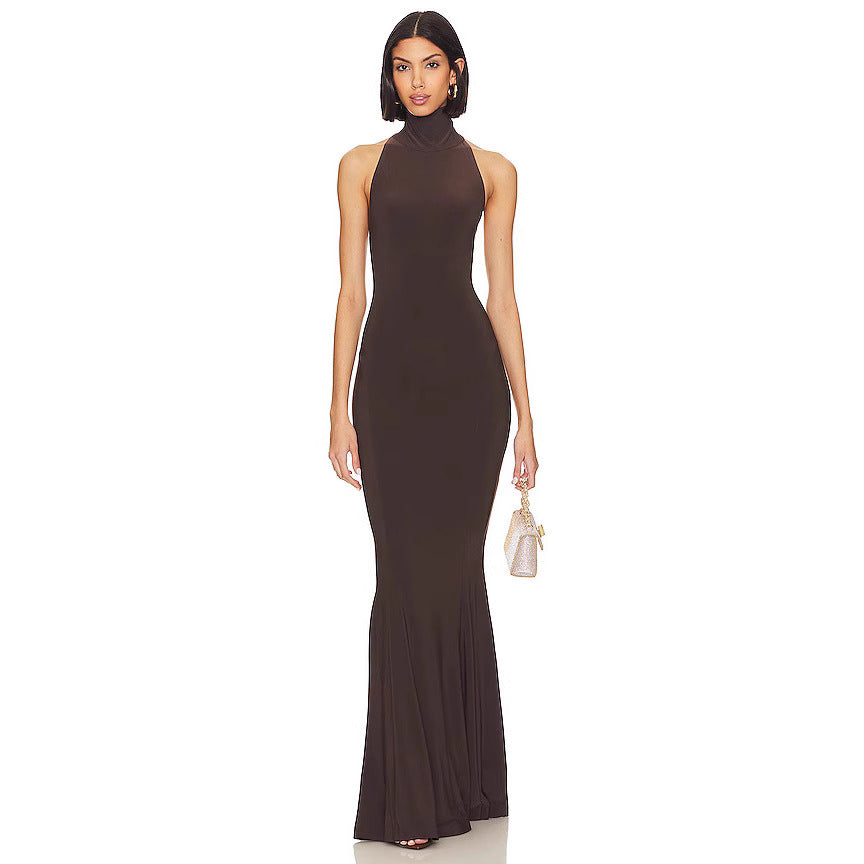 Hanging neck exposed back slim fit fashionable fishtail long dress formal dress - E-Esther Clothing Store
