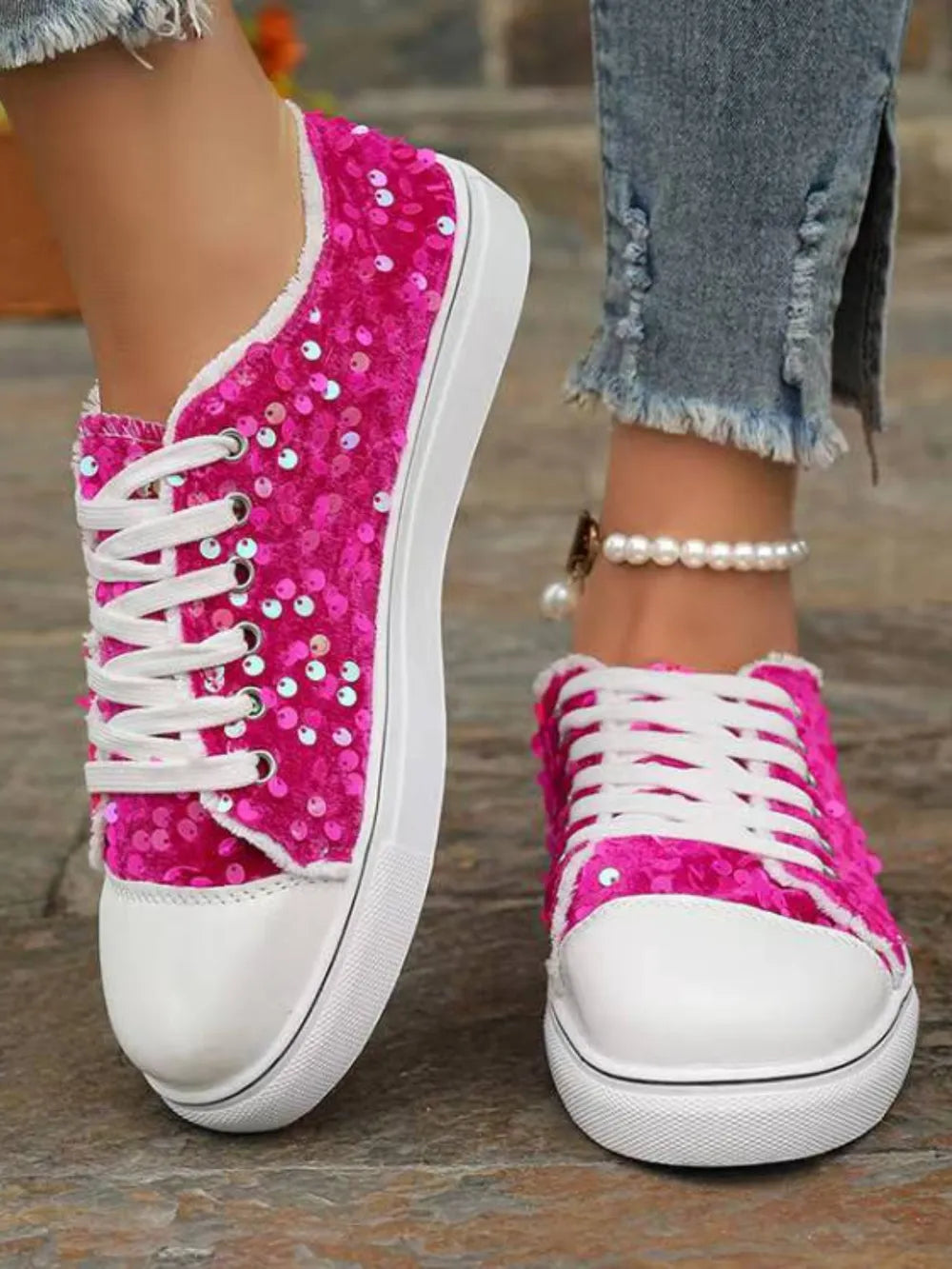 Sequin Round Toe Flat Sneakers - E-Esther Clothing Store