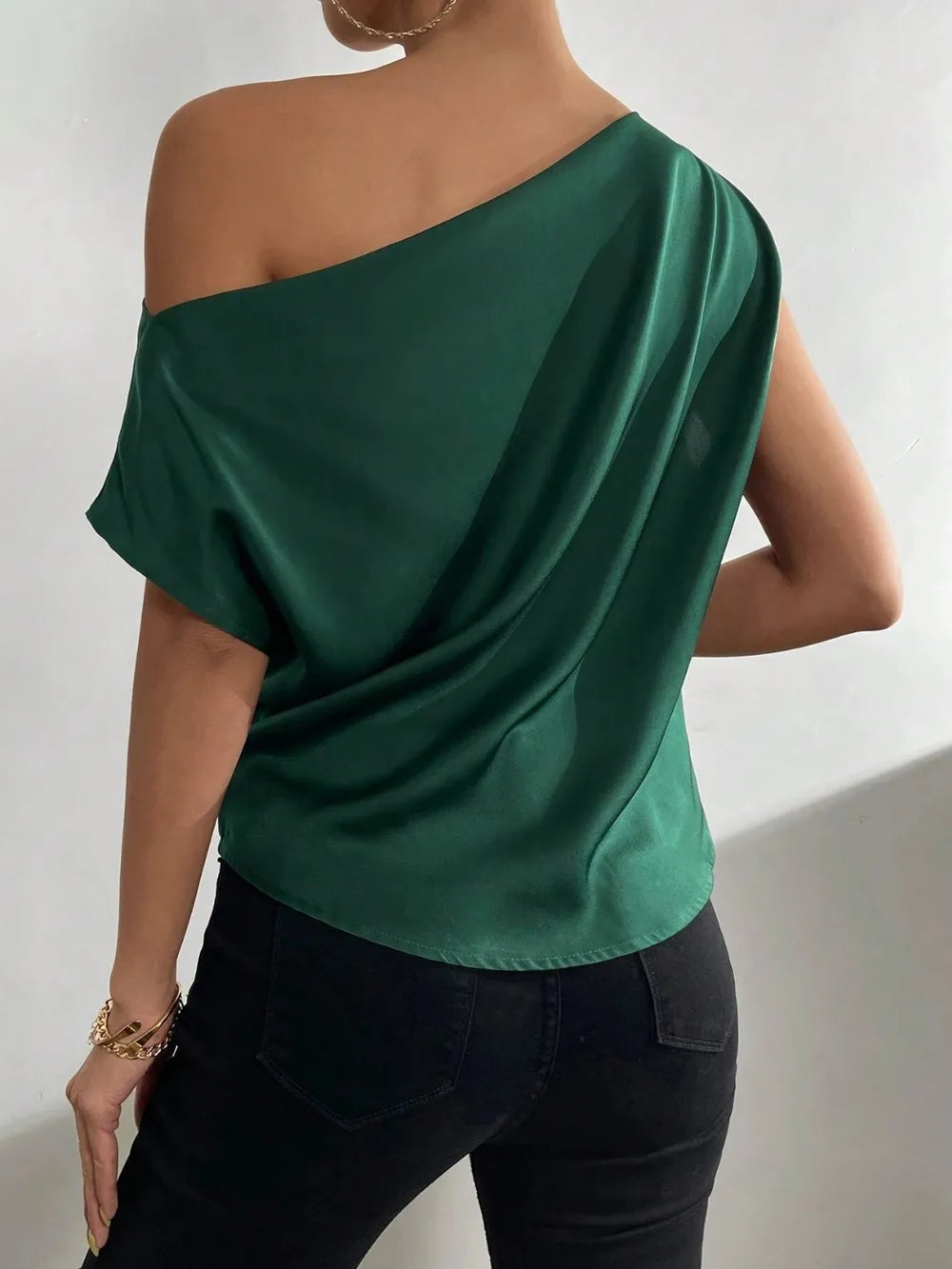 Women's Fashion Versatile Slant Neck Pinch Fold Single Shoulder Asymmetric Tank Top - E-Esther Clothing Store
