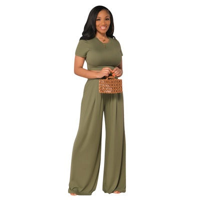 European and American Large Sized Womens Fashion Casual Wide Leg Two Piece Set for Women - E-Esther Clothing Store
