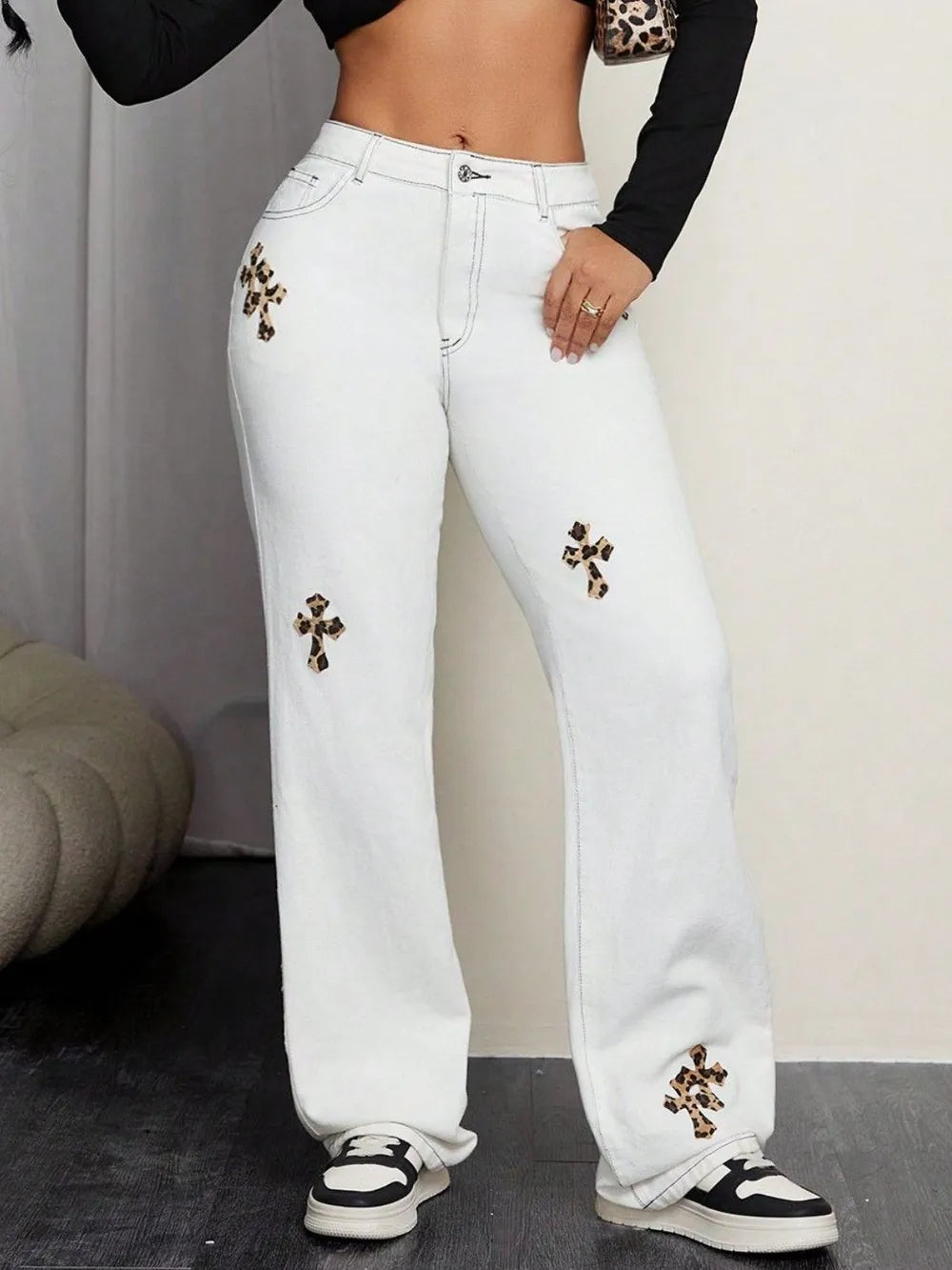 Leopard Cross Detail Straight Leg Jeans - E-Esther Clothing Store