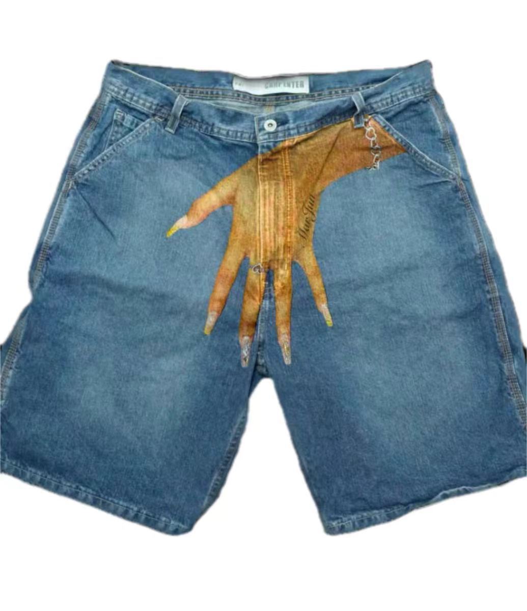 European and American Y2K hip-hop trend pattern printed denim shorts for men, high street fashion brands, couple casual five quarter pants - E-Esther Clothing Store