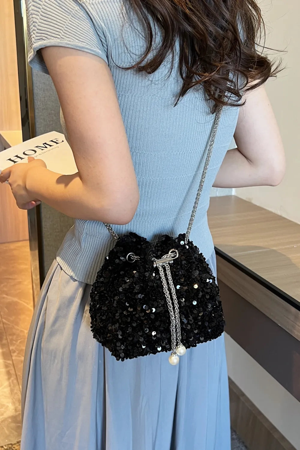 Sequin Chain Drawstring Bucket Bag - E-Esther Clothing Store