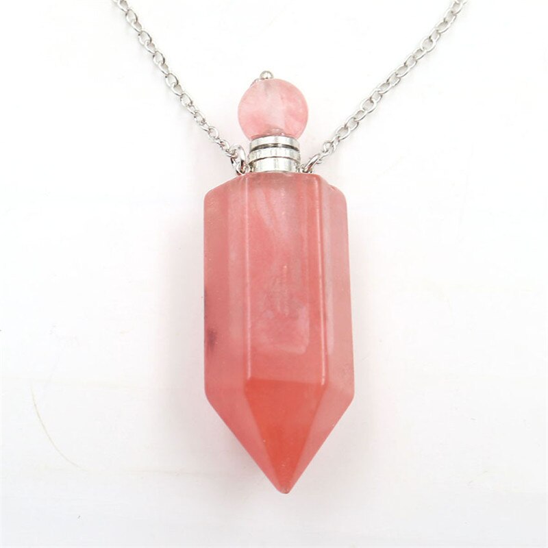 Natural Crystal Hexagonal Perfume Bottle Pendant Necklace Fluorite Pendant Essential Oil Jar Chain Necklace - E-Esther Clothing Store