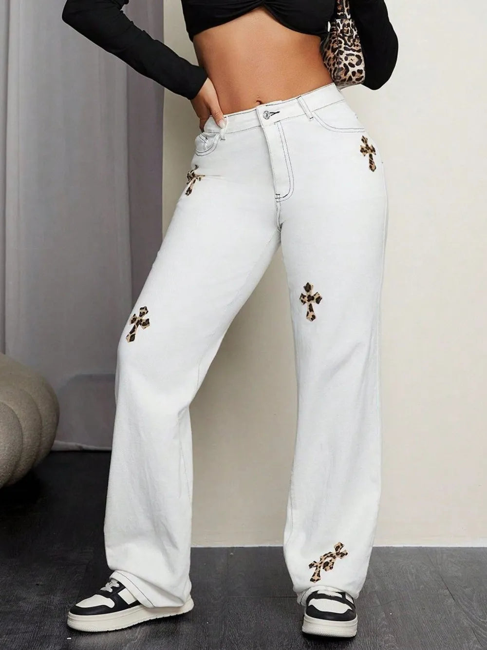 Leopard Cross Detail Straight Leg Jeans - E-Esther Clothing Store