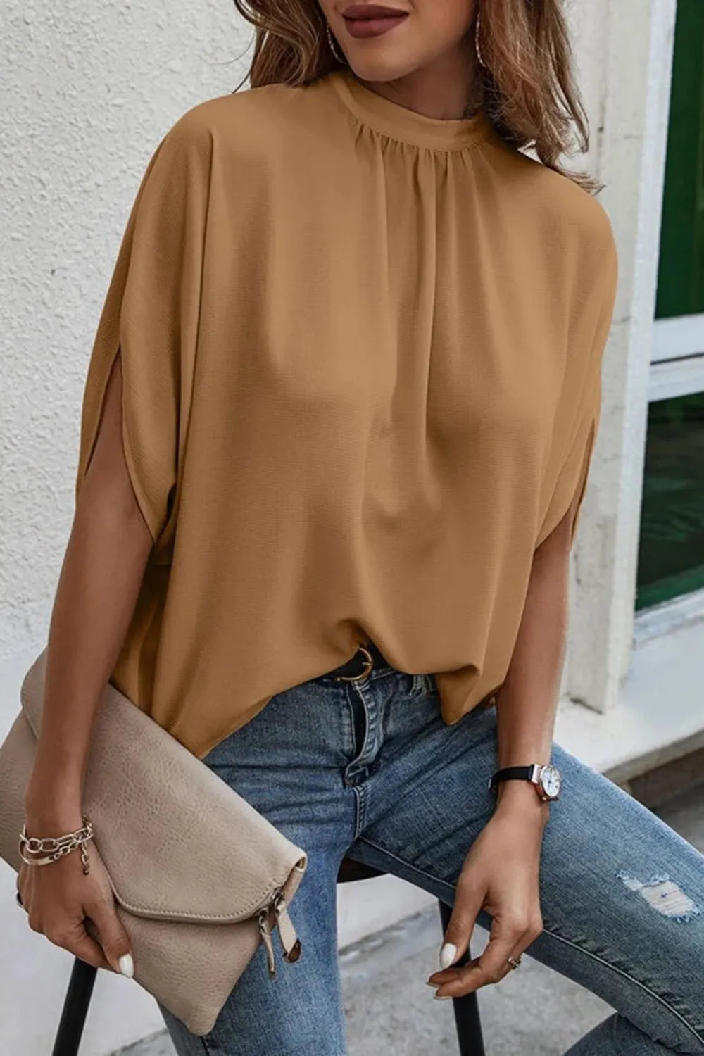 Tie Back Slit Half Sleeve Blouse - E-Esther Clothing Store