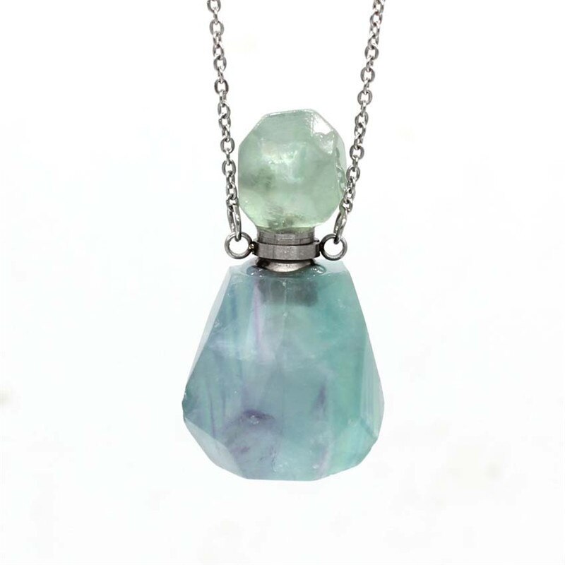 Natural Crystal Hexagonal Perfume Bottle Pendant Necklace Fluorite Pendant Essential Oil Jar Chain Necklace - E-Esther Clothing Store