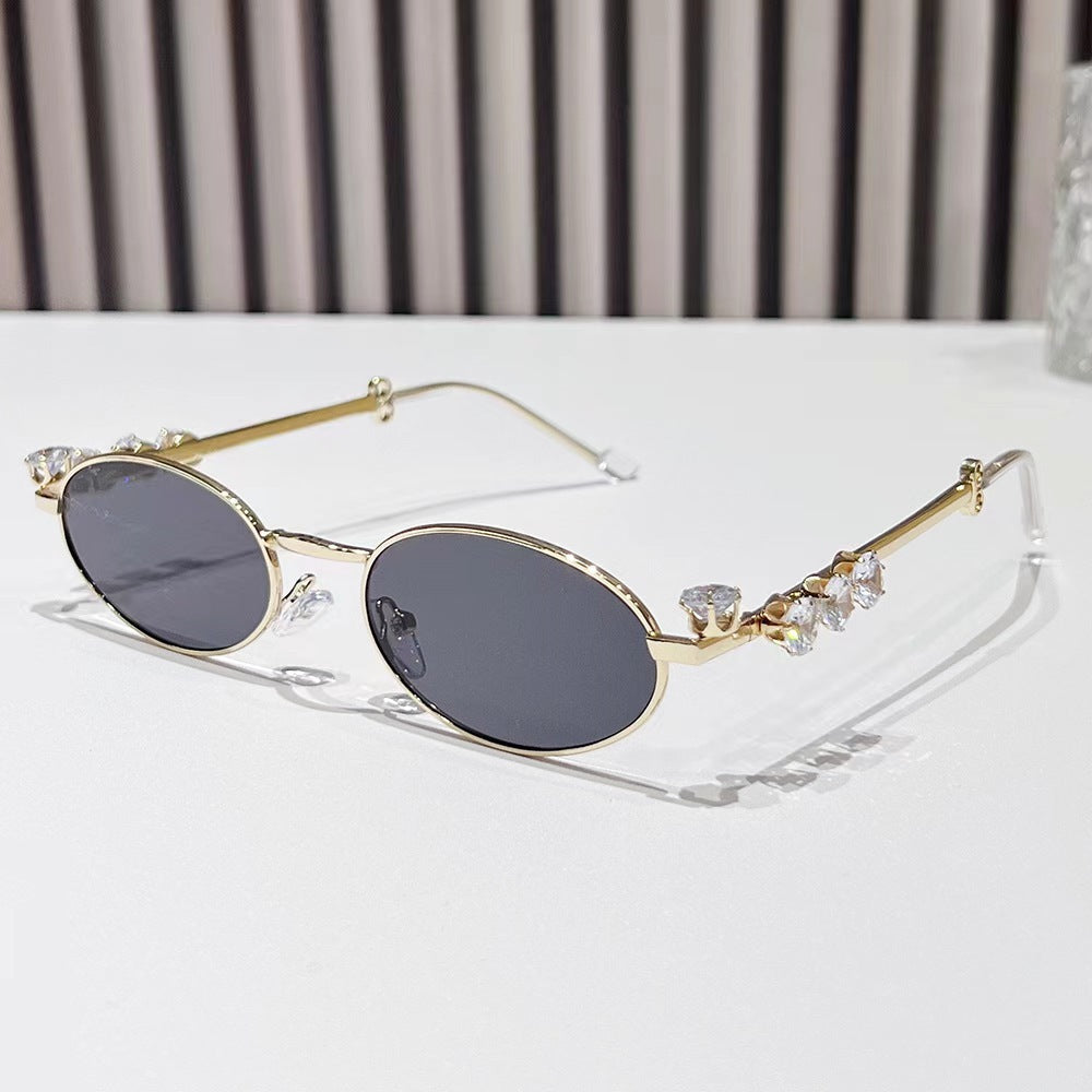 Metal inlaid diamond oval frame glasses resin anti blue light glasses rhinestone sunglasses - E-Esther Clothing Store