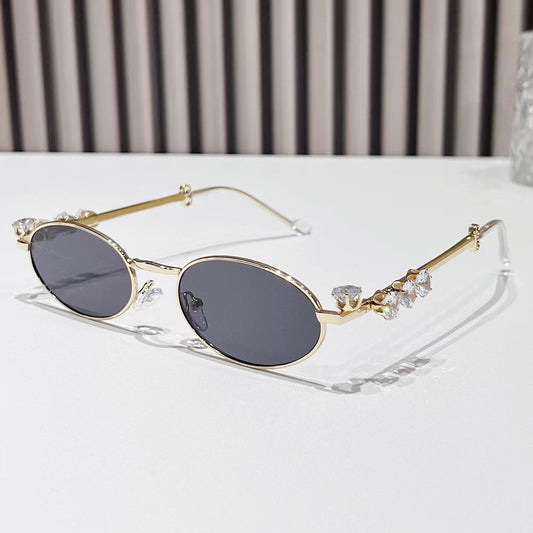 Metal inlaid diamond oval frame glasses resin anti blue light glasses rhinestone sunglasses - E-Esther Clothing Store