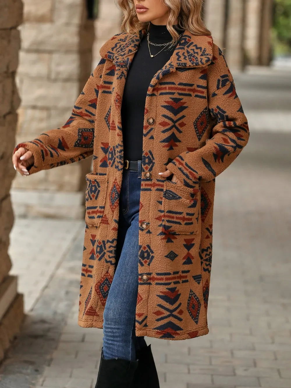 Geometric Pocketed Dropped Shoulder Coat - E-Esther Clothing Store