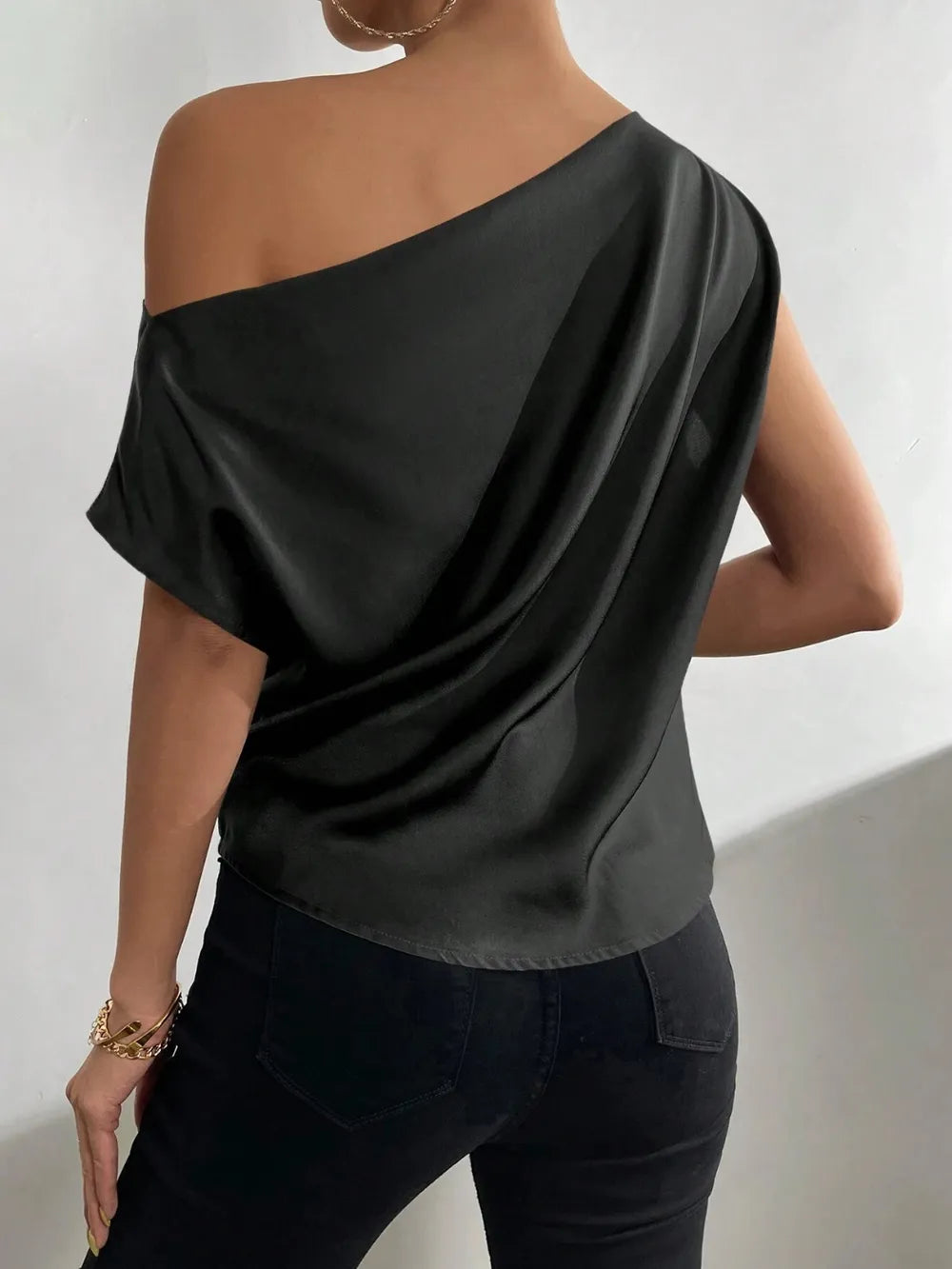 Women's Fashion Versatile Slant Neck Pinch Fold Single Shoulder Asymmetric Tank Top - E-Esther Clothing Store