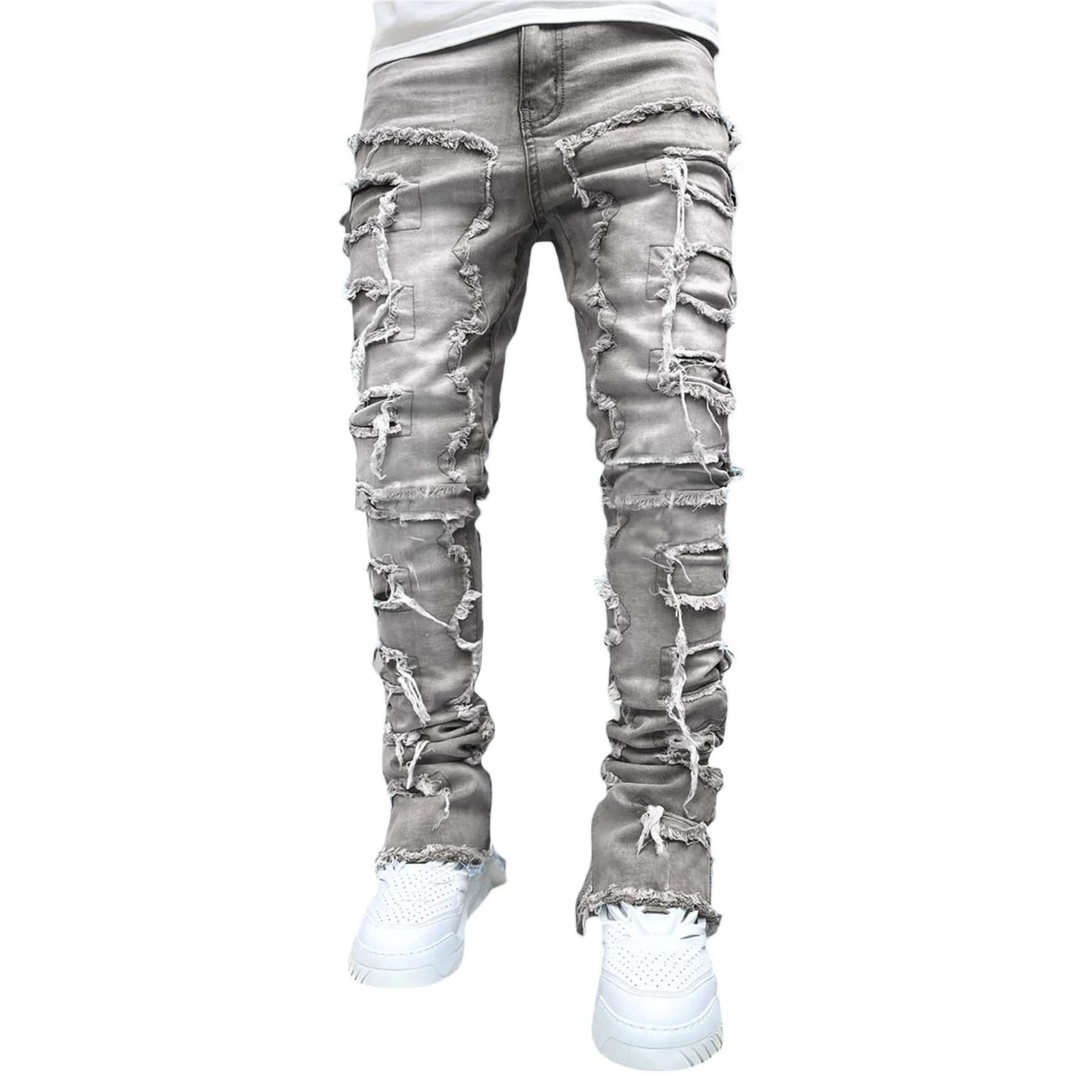 Men's denim straight leg pants with elastic patch fabric - E-Esther Clothing Store