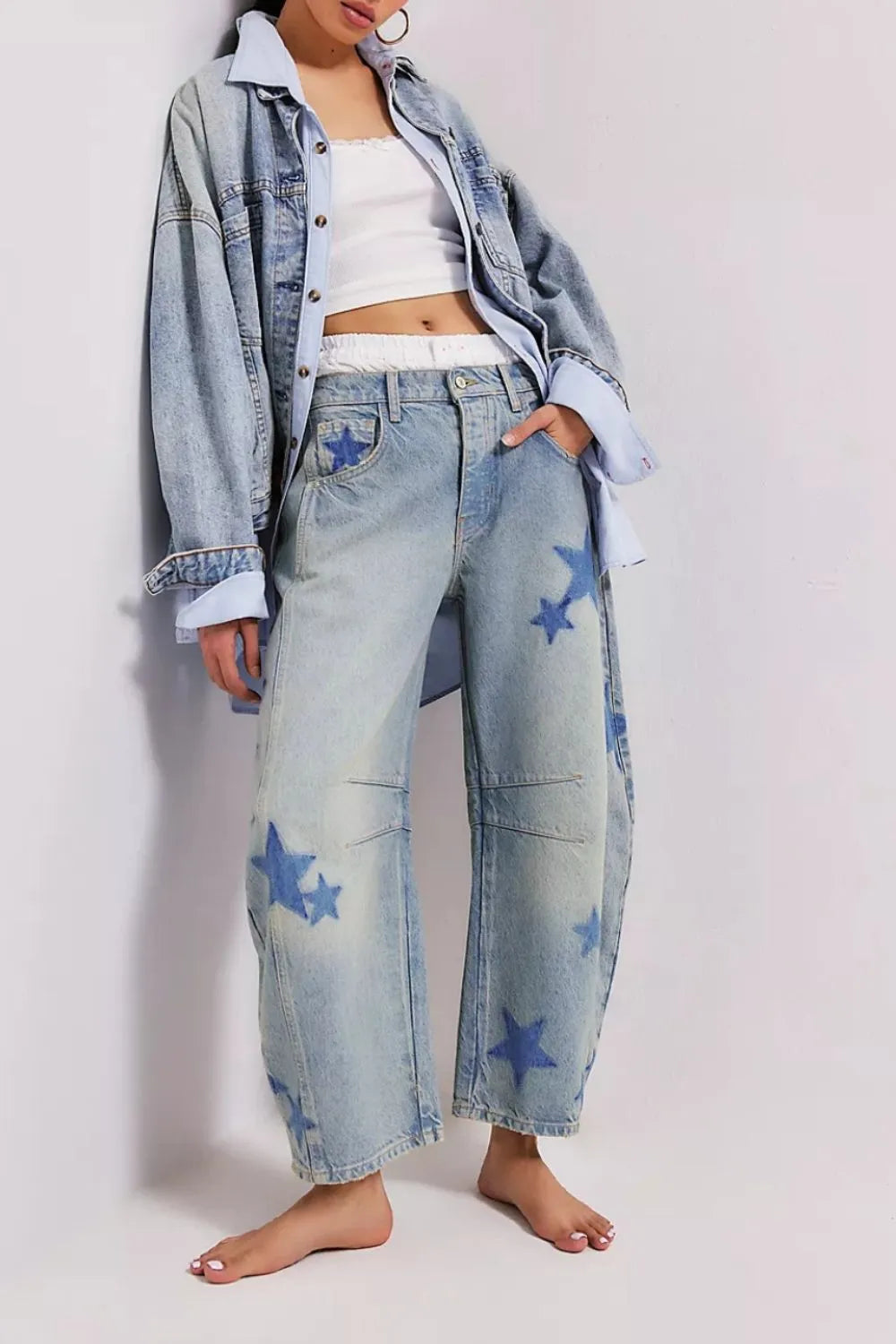 Contrast Star Wide Leg Jeans - E-Esther Clothing Store